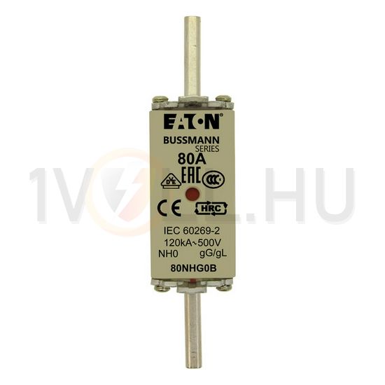 NH biztosítóbetét NH0 80A gL/gG 500V AC 120kA kombikijelző-kioldásjelzéssel Bussmann EATON - 80NHG0B
