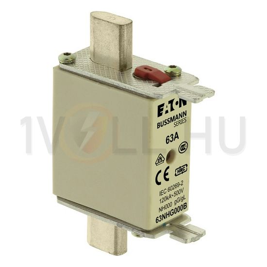 NH biztosítóbetét NH000 63A gL/gG 500V AC 120kA kombikijelző-kioldásjelzéssel Bussmann EATON - 63NHG000B