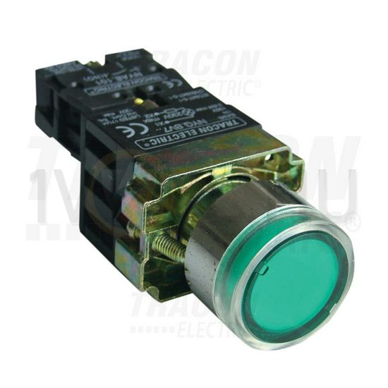 Nyomógomb komplett fém d22 3A világító zöld lapos visszaugró 1z csavaros kerek IP42 TRACON - NYGBW3371Z