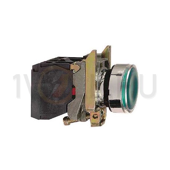 Nyomógomb komplett fém d22 világító zöld lapos visszaugró 1z 1ny csavaros Harmony XB4 Schneider - XB4BW33B5