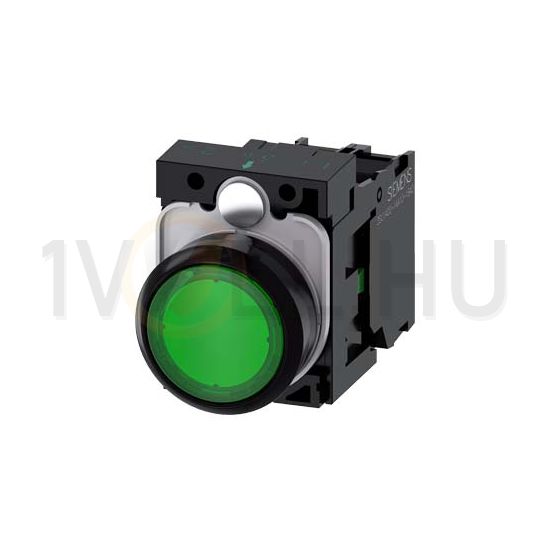 Nyomógomb komplett műanyag d22 világító zöld lapos visszaugró 1z csavaros SIRIUS ACT SIEMENS - 3SU1102-0AB40-1BA0