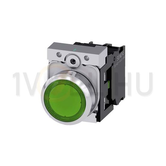 Nyomógomb komplett fém d22 világító zöld lapos visszaugró 1z csavaros kerek SIRIUS ACT SIEMENS - 3SU1152-0AB40-1BA0