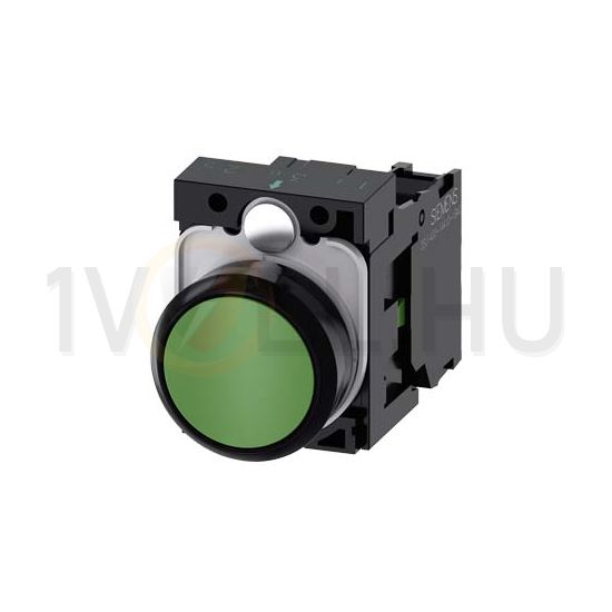 Nyomógomb komplett műanyag d22 zöld lapos visszaugró 1z csavaros kerek SIRIUS ACT SIEMENS - 3SU1100-0AB40-1BA0