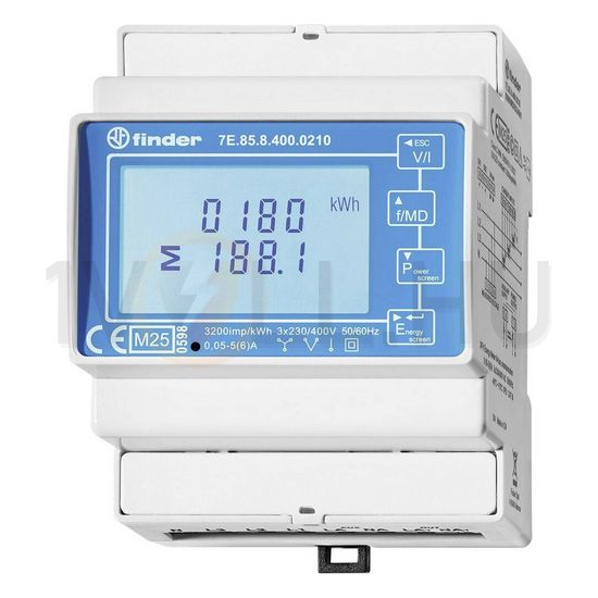 Sorolható fogyasztásmérő 3F LCD MID-hiteles 2xS0 áramváltós 6A 3x230/400V AC 3/4-vezetékes 7E.85.8.400.0212 FINDER - 7E8584000212