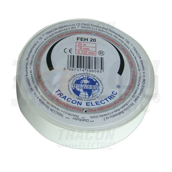 Szigetelőszalag fehér 18mm x 20m PVC 90°C max. TRACON - FEH20
