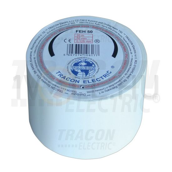 Szigetelőszalag fehér 50mm x 20m PVC 90°C max. TRACON - FEH50