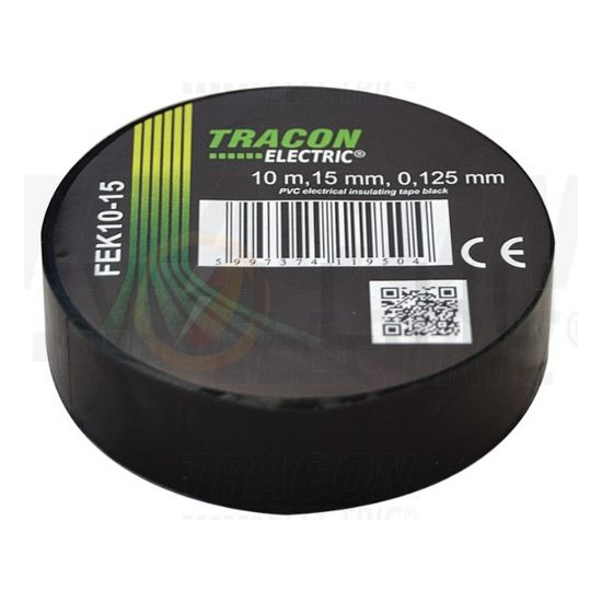 Szigetelőszalag fekete 15mm x 10m PVC 90°C max. TRACON - FEK10-15