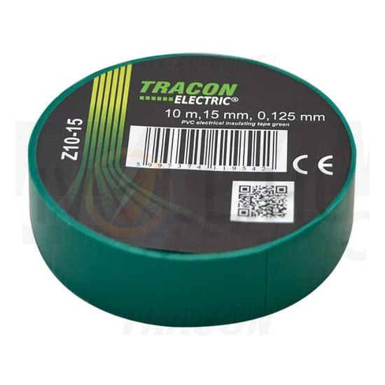 Szigetelőszalag zöld 15mm x 10m PVC 90°C max. TRACON - Z10-15
