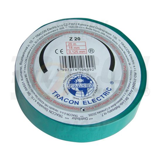 Szigetelőszalag zöld 18mm x 20m PVC 90°C max. TRACON - Z20