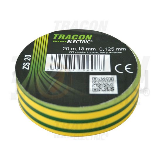 Szigetelőszalag zöld/sárga 18mm x 20m PVC 90°C max. TRACON - ZS20