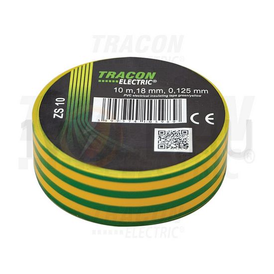 Szigetelőszalag zöld/sárga 18mm x 10m PVC 90°C max. TRACON - ZS10