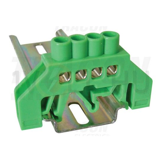 Szigetelt PE-sín 6x9mm 4x2,5-16mm2 zöld 63A sárgaréz kezeletlen TRACON - NPE-G6-4