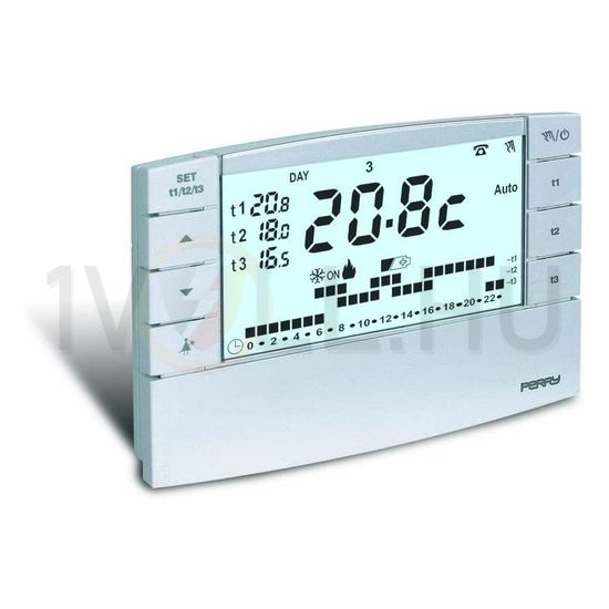 Szobatermosztát programozható LCD 2x1,5V/AA öntanuló 1v digitális 5-38°C 5A 250V fehér PERRY - 1CRCR023B