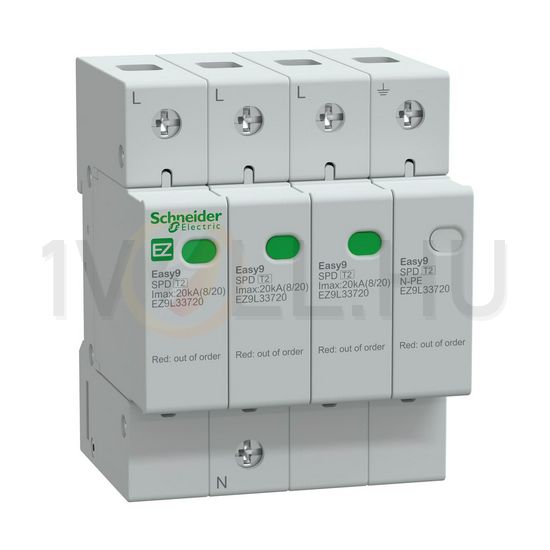 Túlfeszültség-levezető dugaszolható 3P+N T2 TN-S TT 400V/AC 20kA 4M Easy9 Pro Schneider - EZ9L33720
