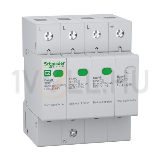 Túlfeszültség-levezető dugaszolható 3P+N T2 TN-S TT 400V/AC 45kA 4M Easy9 Pro Schneider - EZ9L33745